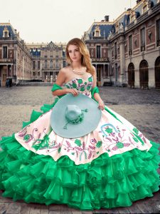 Latest Green Sleeveless Floor Length Embroidery and Ruffled Layers Lace Up Quinceanera Gowns