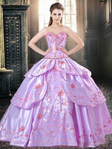 Lilac Taffeta Lace Up Sweetheart Sleeveless Floor Length Quinceanera Dress Embroidery and Ruffled Layers