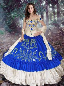 Eye-catching Royal Blue Off The Shoulder Lace Up Embroidery and Ruffled Layers Quinceanera Gown Sleeveless