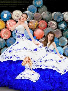 Modest Royal Blue Ball Gowns Organza Strapless Sleeveless Embroidery and Ruffles Lace Up 15 Quinceanera Dress Brush Trai