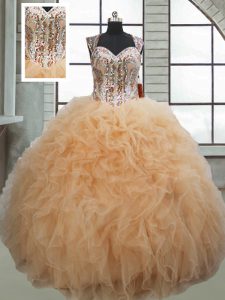 Simple Floor Length Lace Up Sweet 16 Dresses Champagne for Military Ball and Sweet 16 and Quinceanera with Beading and R
