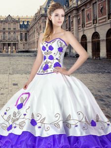 Chic Floor Length Lace Up Quinceanera Dresses White And Purple for Military Ball and Sweet 16 and Quinceanera with Embro