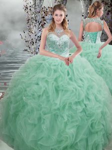 Apple Green Sleeveless Organza Lace Up Quinceanera Dress for Military Ball and Sweet 16 and Quinceanera