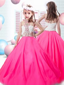 High-neck Sleeveless Girls Pageant Dresses Floor Length Beading Hot Pink Organza