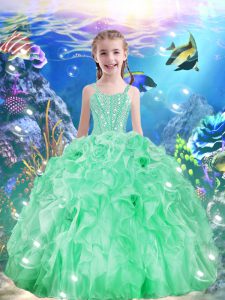 Apple Green Ball Gowns Organza Straps Sleeveless Beading and Ruffles Floor Length Lace Up Winning Pageant Gowns