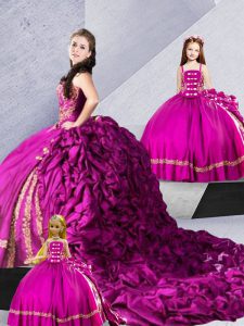 Sleeveless Taffeta Court Train Lace Up 15 Quinceanera Dress in Fuchsia with Embroidery and Pick Ups