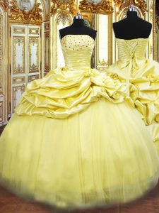 Enchanting Gold Strapless Lace Up Beading and Pick Ups 15th Birthday Dress Sleeveless