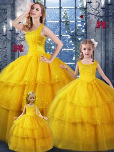 Noble Floor Length Lace Up Sweet 16 Dress Gold for Military Ball and Sweet 16 and Quinceanera with Ruffled Layers