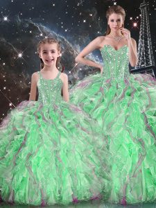 Glorious Green Quinceanera Dresses Military Ball and Sweet 16 and Quinceanera with Beading and Ruffles Sweetheart Sleeve