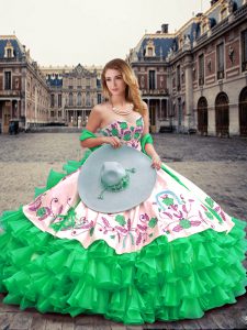 Floor Length Lace Up Ball Gown Prom Dress Green for Military Ball and Sweet 16 and Quinceanera with Embroidery and Ruffl