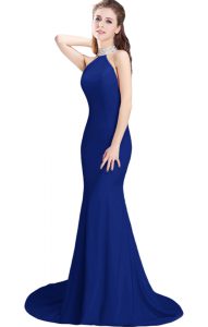 Royal Blue Dress for Prom Halter Top Sleeveless Brush Train Side Zipper