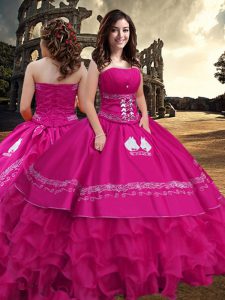Sophisticated Floor Length Zipper 15th Birthday Dress Hot Pink for Military Ball and Sweet 16 and Quinceanera with Embro