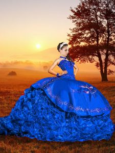 Custom Design Blue Organza Lace Up Sweetheart Sleeveless Quinceanera Dress Brush Train Embroidery and Ruffles