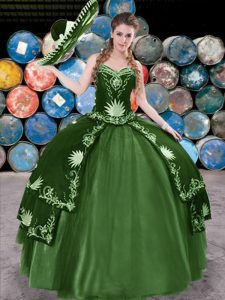 Sweet Satin and Tulle Sweetheart Sleeveless Lace Up Appliques and Ruffled Layers Quince Ball Gowns in Dark Green