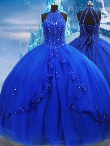 Custom Made Sleeveless Tulle Brush Train Lace Up 15th Birthday Dress in Royal Blue with Beading and Ruffles