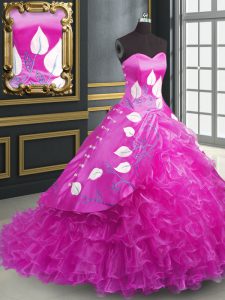 Fuchsia Ball Gowns Organza Sweetheart Sleeveless Embroidery and Ruffles Lace Up Sweet 16 Quinceanera Dress Brush Train