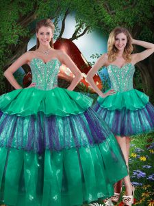 Vintage Turquoise Ball Gowns Beading and Ruffled Layers Ball Gown Prom Dress Lace Up Organza Sleeveless Floor Length