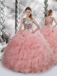 Baby Pink Lace Up Scoop Beading and Ruffles Ball Gown Prom Dress Organza Sleeveless