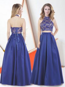 High End Sleeveless Satin Floor Length Lace Up Homecoming Dress in Royal Blue with Appliques