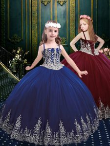 Fashion Spaghetti Straps Sleeveless Kids Pageant Dress Floor Length Lace and Appliques Navy Blue Tulle