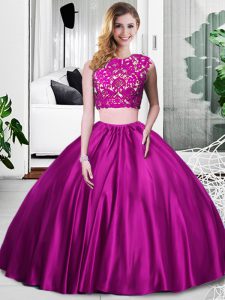 Fuchsia Quinceanera Gown Military Ball and Sweet 16 and Quinceanera with Lace and Ruching Scoop Sleeveless Zipper