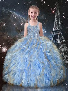 Light Blue Kids Formal Wear Quinceanera and Wedding Party with Beading and Ruffles Straps Sleeveless Lace Up