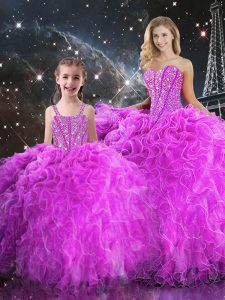 Floor Length Fuchsia Quinceanera Gowns Sweetheart Sleeveless Lace Up