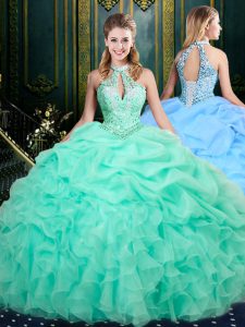 Hot Sale Apple Green Halter Top Lace Up Beading and Ruffles and Pick Ups Wedding Gown Sleeveless