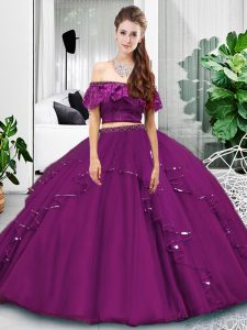 New Style Eggplant Purple Two Pieces Tulle Off The Shoulder Sleeveless Lace and Ruffles Floor Length Lace Up Vestidos de