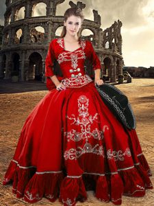 Floor Length Red Sweet 16 Dresses Satin 3 4 Length Sleeve Beading and Appliques and Ruffles