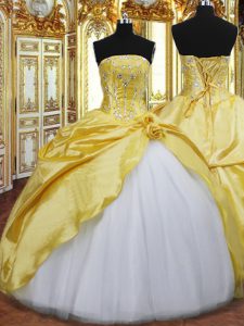 Flare Gold Strapless Lace Up Beading and Hand Made Flower Sweet 16 Quinceanera Dress Sleeveless