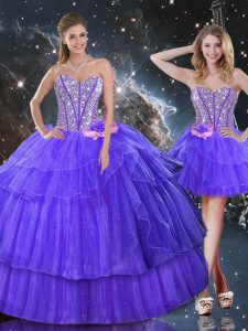 Charming Floor Length Lace Up Quinceanera Dress Purple for Military Ball and Sweet 16 and Quinceanera with Beading and R