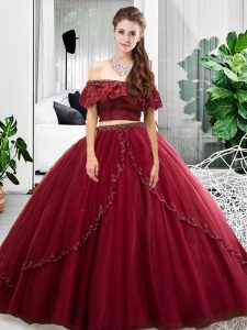 Modern Floor Length Burgundy Quinceanera Dresses Off The Shoulder Sleeveless Lace Up