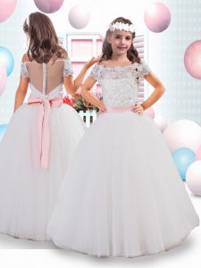 Enchanting Off The Shoulder Short Sleeves Clasp Handle Pageant Dress Wholesale White Tulle