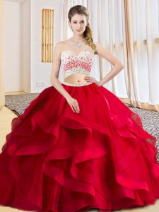 New Style Red Tulle Criss Cross One Shoulder Sleeveless Floor Length Ball Gown Prom Dress Beading and Ruffles