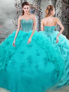 Aqua Blue Sleeveless Floor Length Beading and Appliques and Pick Ups Lace Up Quinceanera Gowns