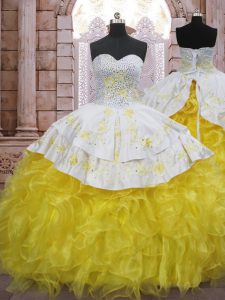 Adorable Beading and Appliques and Ruffles Sweet 16 Quinceanera Dress Yellow And White Lace Up Sleeveless Brush Train