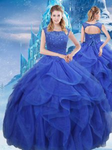 Best Selling Sleeveless Floor Length Ruffles and Sequins Lace Up 15th Birthday Dress with Royal Blue