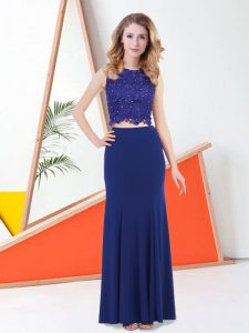 Two Pieces Dress for Prom Navy Blue Scoop Chiffon Sleeveless Floor Length Zipper