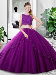 Purple Sleeveless Tulle Zipper Sweet 16 Dress for Military Ball and Sweet 16 and Quinceanera