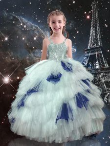 Dramatic White Ball Gowns Tulle Straps Sleeveless Beading and Ruffled Layers Floor Length Lace Up Little Girls Pageant D