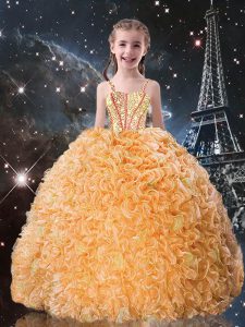 Gold Organza Lace Up Straps Sleeveless Floor Length Little Girls Pageant Gowns Beading and Ruffles