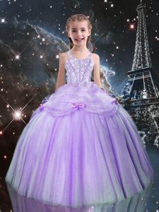 Beauteous Lilac Ball Gowns Straps Sleeveless Tulle Floor Length Lace Up Beading Pageant Dress Toddler