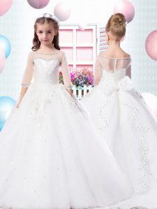 Fashionable Scoop Half Sleeves Little Girls Pageant Dress Wholesale Brush Train Beading and Appliques White Tulle