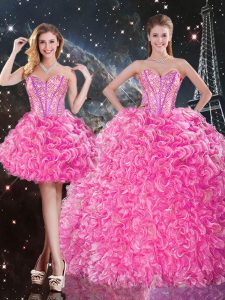 Discount Sleeveless Organza Floor Length Lace Up Quinceanera Gown in Rose Pink with Beading and Ruffles