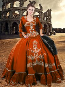 Nice Rust Red 3 4 Length Sleeve Appliques and Ruffles Floor Length Sweet 16 Dresses