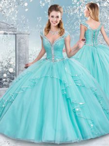 V-neck Sleeveless Ball Gown Prom Dress Floor Length Sashes ribbons Aqua Blue Tulle