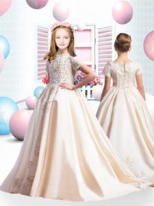 Admirable Champagne Ball Gowns Satin Sweetheart Short Sleeves Beading and Appliques Lace Up Glitz Pageant Dress Brush Tr
