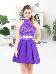Top Selling Purple Two Pieces Halter Top Sleeveless Satin Mini Length Lace Up Lace Prom Gown