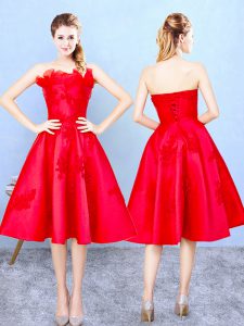 Flare Red A-line Satin Strapless Sleeveless Appliques and Ruffles Knee Length Lace Up Bridesmaids Dress